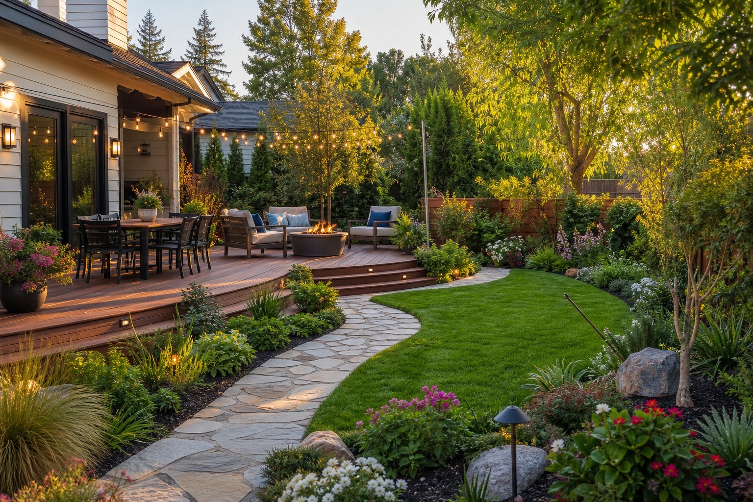 Home exterior and garden renovation with landscaped patio and deck