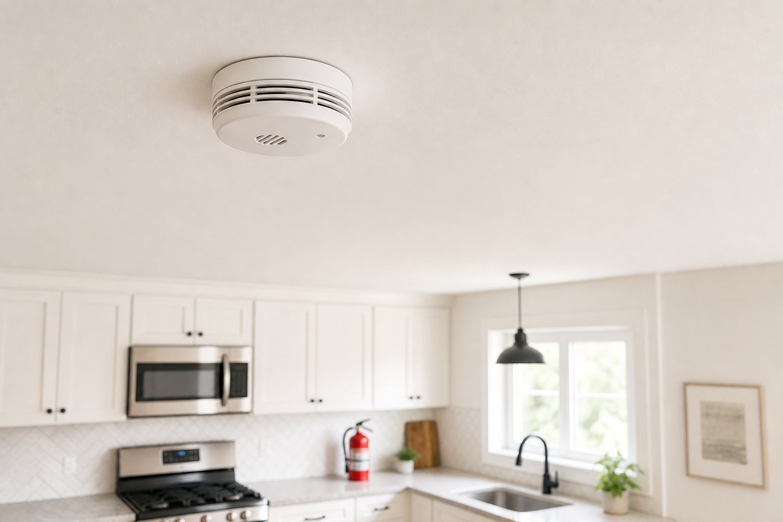 Fire safety smoke detector installation in a renovated home kitchen