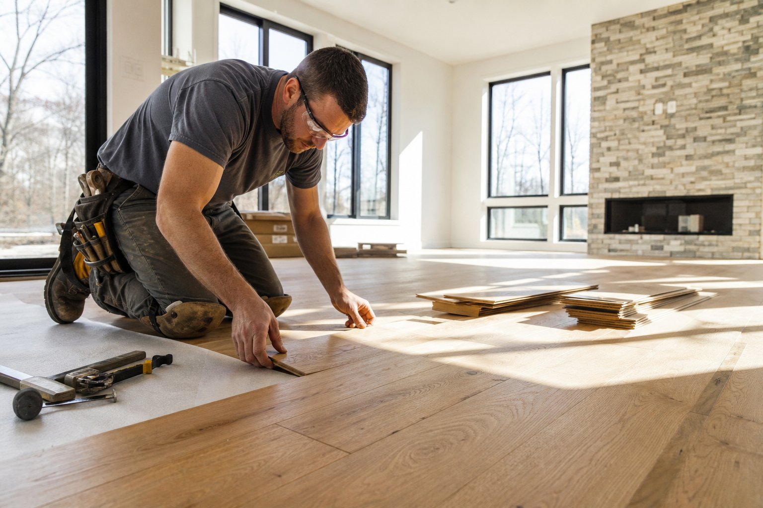 Home flooring upgrade — hardwood floor installation in living room