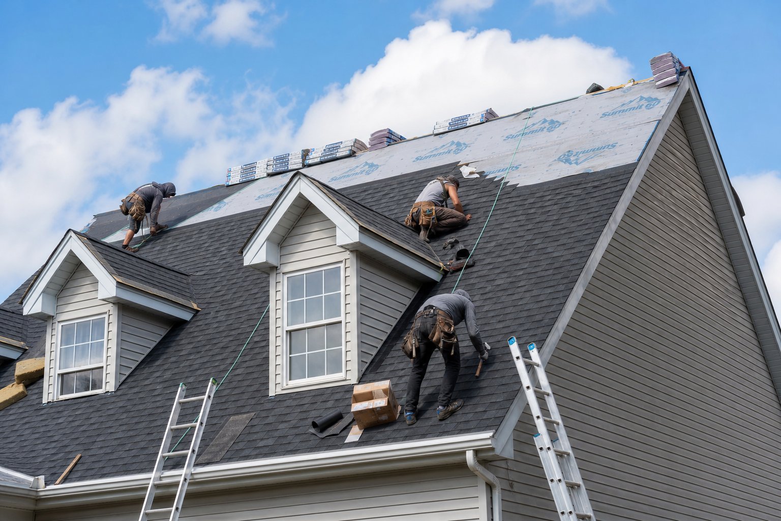Roofing upgrade — contractors installing new asphalt shingle roof